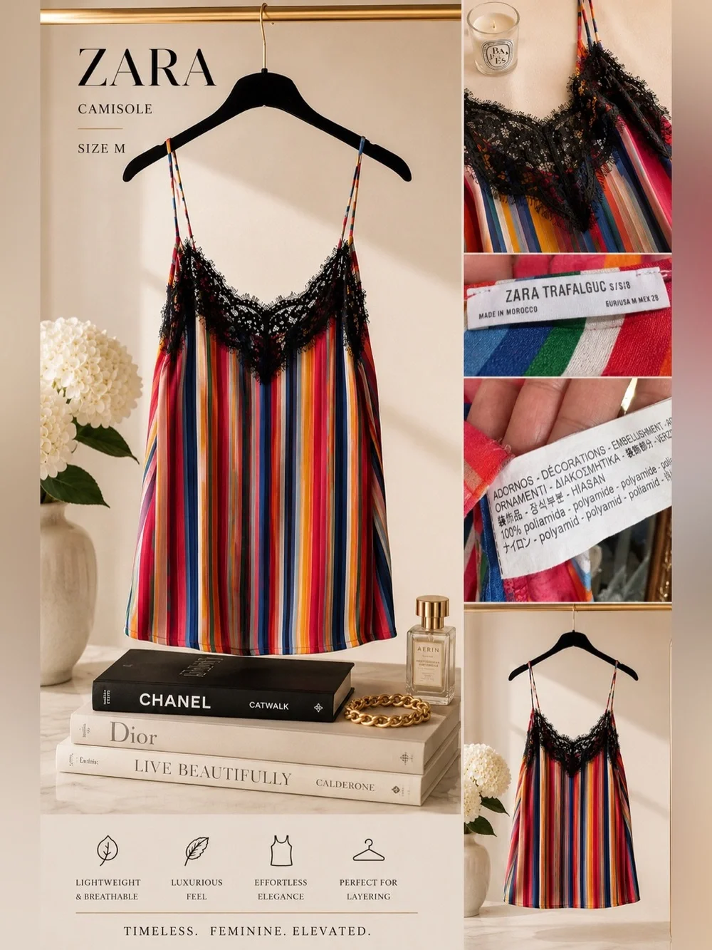 ZARA Rainbow Stripe Lace Trim Camisole | Colorful Resort Chic Cami Tank Top - Picture 10 of 10